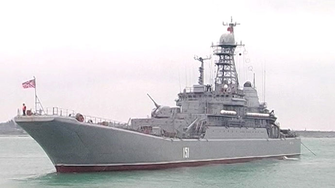 A ship of the Russian Black Sea Fleet during large-scale military exercises Russian President Vladimir Putin ordered while flying back from the South African Republic to Moscow. (Screen shot of a video of Zvezda TV channel).(RIA Novosti)