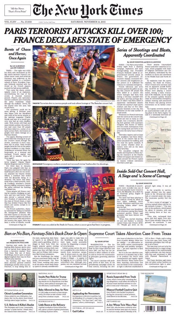 The New York Times‘ first-day coverage of the Paris attacks.