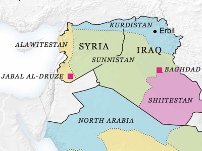 On this map, published in 2013 by Robin Wright in the New York Times, we can see Sunnistan, which Daesh was to create in June 2014, and from where they proclaimed the Caliphate, and also Kurdistan, that France and Israël now want to create. You may note that on this map, nothing is planned for the Christian populations, who will either have to be transferred to Europe, or else exterminated.