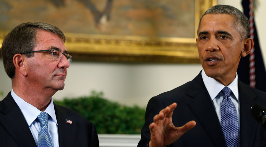 U.S. Defense Ash Carter (L) listens as President Barack Obama (R) announces plans to slow the withdrawal of U.S. troops from Afghanistan, in the Roosevelt Room at the White House in Washington October 15, 2015. Jonathan Ernst / Reuters
