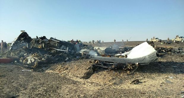 Debris at the site of the Russian plane crash in Sinai, Egypt.