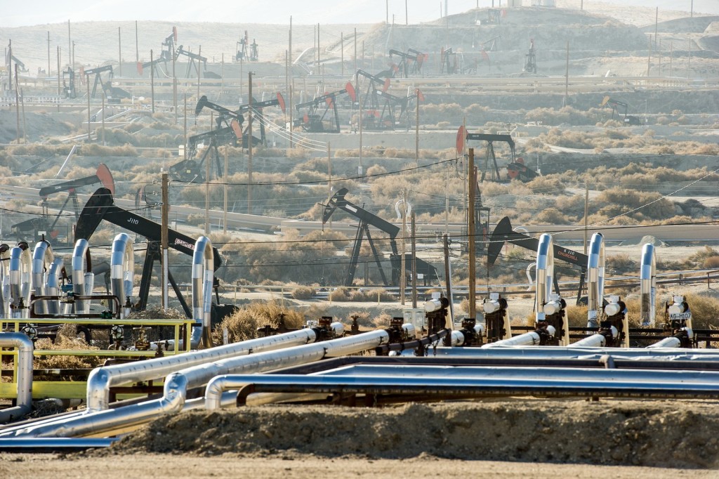 Pumpjacks extract oil from an oilfield in Kern County, CA. About 15 billion barrels of oil could be extracted using hydraulic fracturing in California.