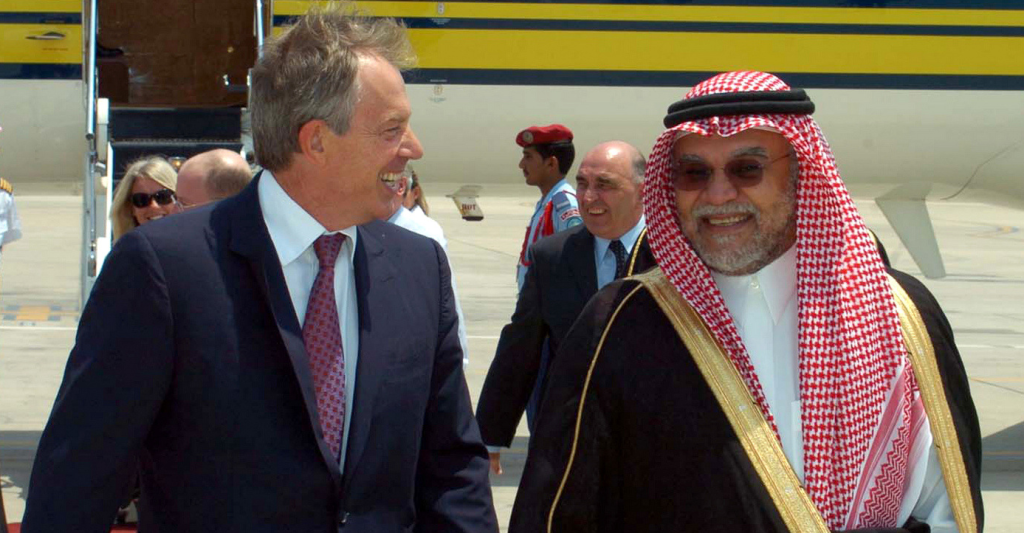 Prince Bandar bin Sultan, right receives Mideast envoy Tony Blair, the ex-prime minister of Britain after his arrival in Jiddah, Saudi Arabia. Bandar bin Sultan, was accused of direct support for al-Qaeda before the 9/11 attacks 