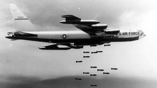 A US Air Force Boeing B-52F-70-BW Stratofortress dropping bombs over Vietnam. USAF - National Museum of the U.S. Air Force/Wikimedia. During the last ten years of the war, more than half a million bombing raids were undertaken by the US military over Vietnam, Cambodia and Laos.