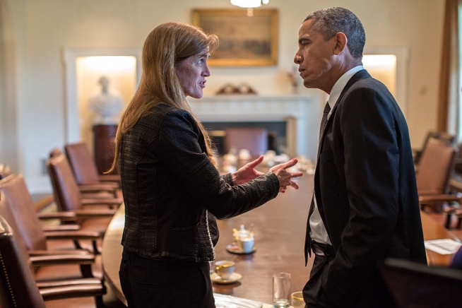 President Barack Obama talks with Ambassador Samantha Power, U.S. Permanent Representative to the United Nations, following a Cabinet meeting in the Cabinet Room of the White House, Sept. 12, 2013. (Official White House Photo by Pete Souza)