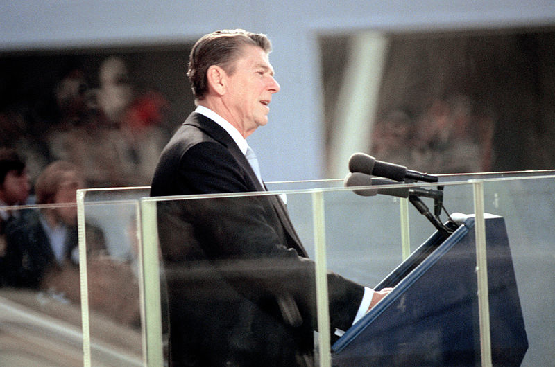 President Ronald Reagan, delivering his Inaugural Address on Jan. 20, 1981, as the 52 U.S. hostages in Iran are simultaneously released.