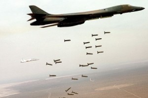 An American B-1B Lancer dropping cluster bombs over Baghdad
