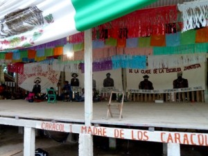 The stage at the “Escuelita Zapatista” in La Realidad has the images of Emiliano Zapata and the differents subcomandantes zapatistas. PHOTO DR 2013 Alex Mensing