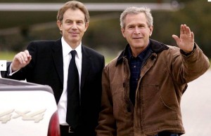 Tony Blair and George W. Bush at the former President's ranch in Crawford, Texas, in 200