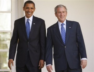 Barack Obama and George W. Bush at the White House.