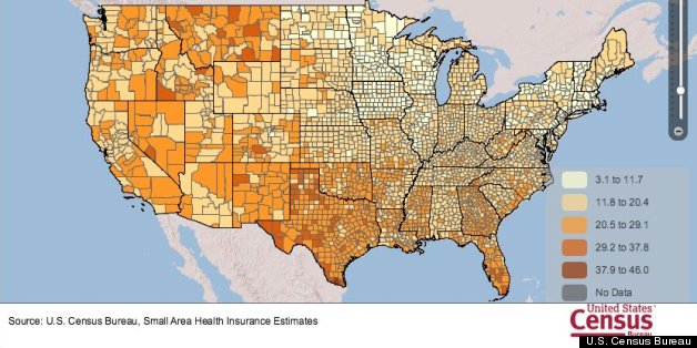 This map shows the percent of uninsured in each U.S. county in 2011. The data includes all incomes, races, and both sexes for people under age 65. Source: U.S. Census Bureau