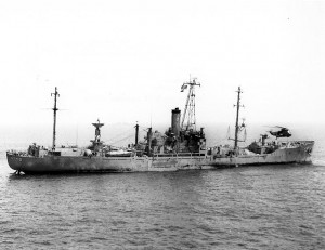 USS Liberty (AGTR-5) receives assistance from units of the Sixth Fleet, after she was attacked and seriously damaged by Israeli forces off the Sinai Peninsula on June 8, 1967. (US Navy photo)