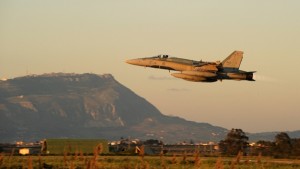 A CF-18 Hornet of the 425th Tactical squadron takes off from Trapani, Italy
