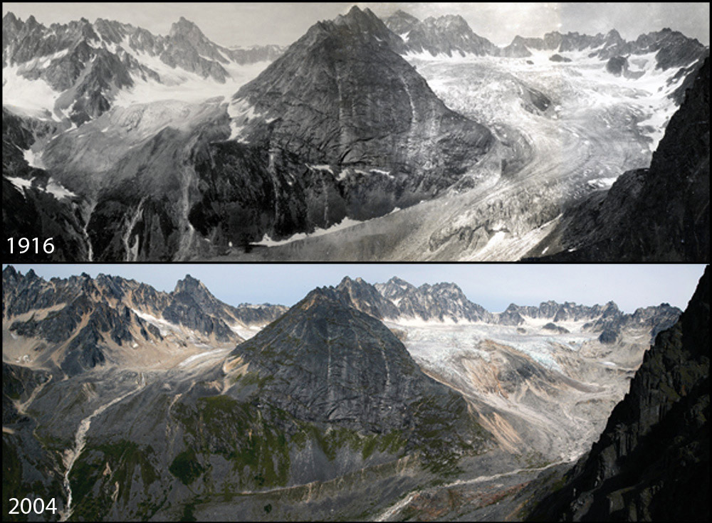 Significant retreat of Hidden Creek Glacier is visible both on the left and right sides of the large rock feature in the middle of the photo. (Photo Credits: Stephen R. Capps (1916), R.D. Karpilo (2004))